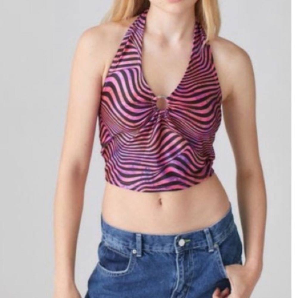 Urban Outfitters O-Ring Halter Crop Top in Pink Black Size Small Festival Hippie